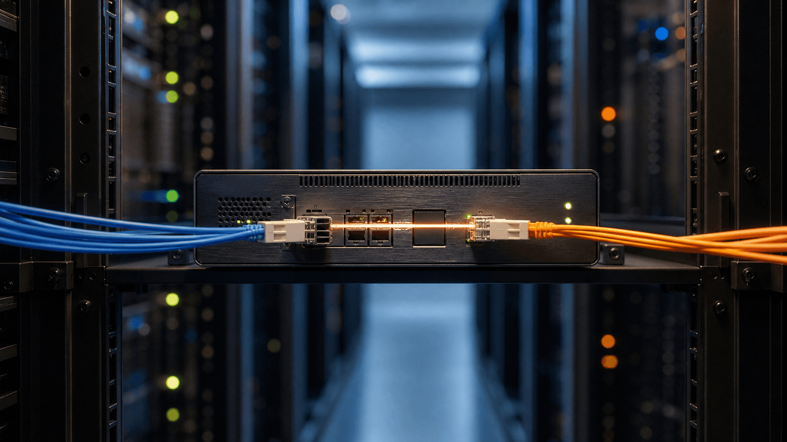 Network gateway connecting two fiber paths inside a modern data center, representing the Amazon Ads MCP Server.