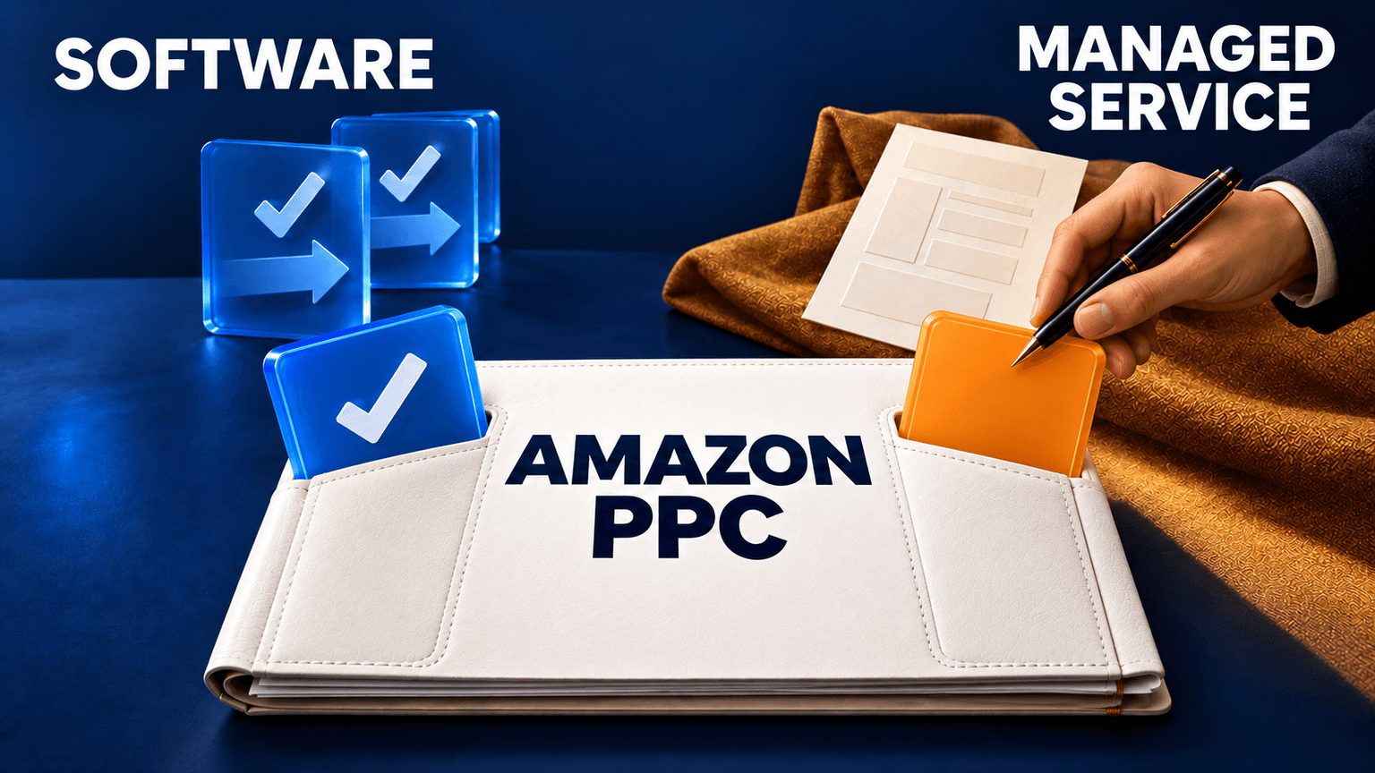 Editorial scene showing Amazon PPC software and managed service converging on one shared plan to show why the best setup is often both.