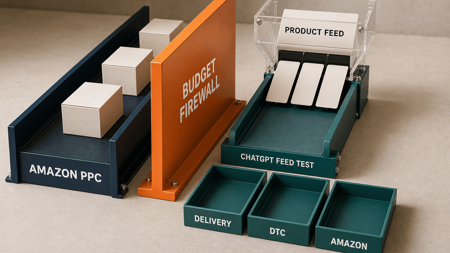 A separate ChatGPT product-feed test lane uses a clean catalog and three measurement tracks while an orange firewall protects the Amazon PPC budget.