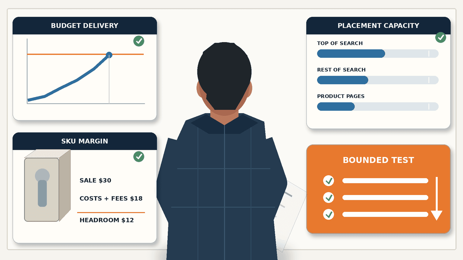 Amazon PPC operator verifies budget delivery, placement capacity, and product margin on a decision board before authorizing a bounded scale test.